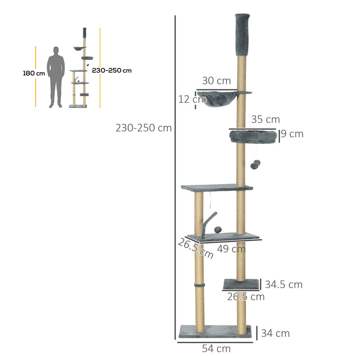 6-Tier Play Tower Climbing Activity Center - Durable Floor to Ceiling Cat Tree with Scratching Post, Hammock, Adjustable Height 230-250cm - Ideal for Feline Play and Relaxation in Grey