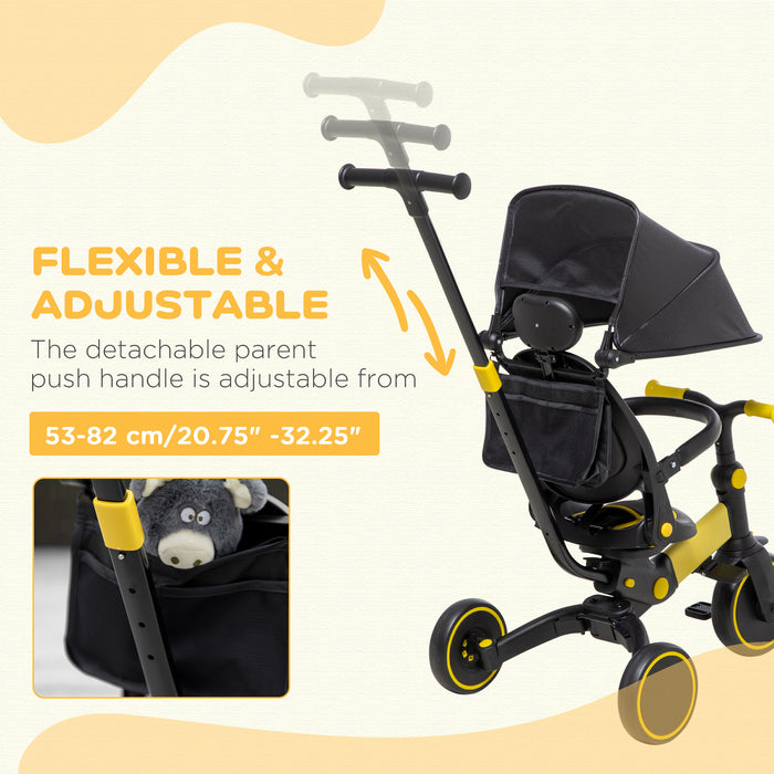 Kids 3-in-1 Aluminum Tricycle - Adjustable Push Handle, Sun Canopy, Reclining Seat - Ideal for Toddlers 18 to 48 Months, Bright Yellow