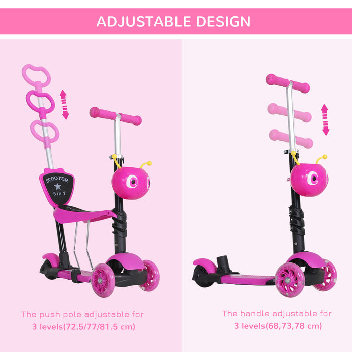 3-Wheel Mini Kick Scooter for Kids - 5-in-1 Toddler Push Walker with Detachable Seat & Backrest in Pink - Ideal Ride-On Toy for Girls and Boys