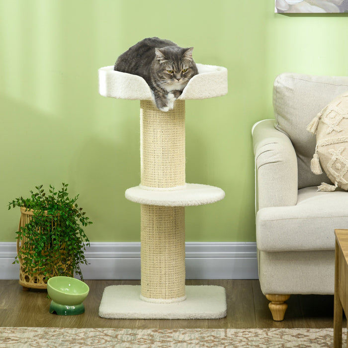 2-Tier Sisal-Sherpa Cat Tree with Basket and Cushioned Sisal Post - Cream White Cozy Pet Furniture - Ideal for Scratching, Lounging, and Entertainment for Your Feline Friends