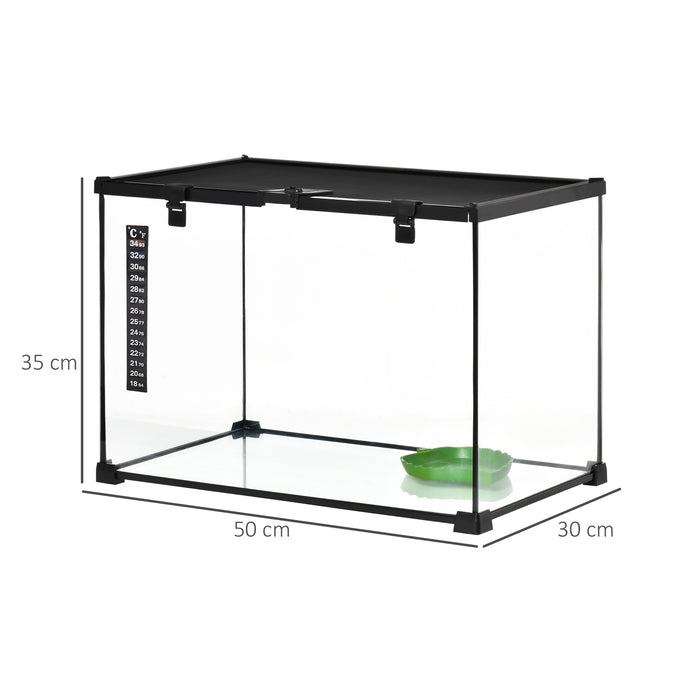 Reptile Glass Terrarium (50x30x35cm) - Climbing Pet Habitat with Breeding Tank, Arboreal Box Features - Includes Strip Patch Thermometer for Temperature Monitoring