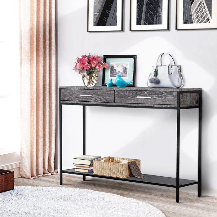Industrial-Style Console Table with Storage - Grey Wood Tone Effect, Two Drawers, and Bottom Shelf - Elegant Addition for Home Organization and Decor