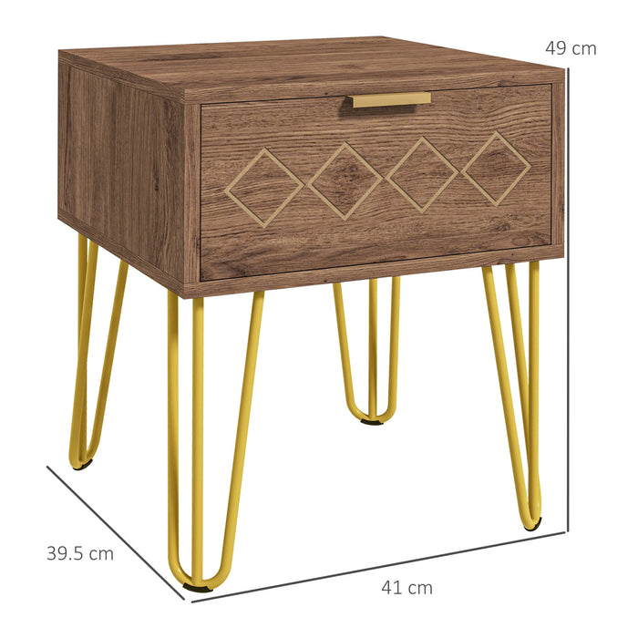 Wooden Nightstand with Storage Drawer - Modern Bedside Table & Sofa Side Table with Gold Tone Metal Legs - Ideal for Living Room and Bedroom Organization