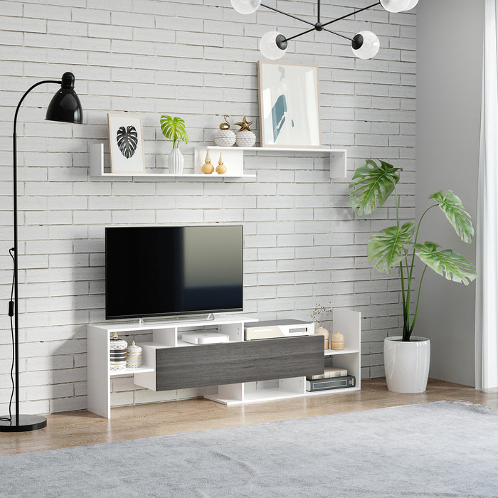 Wall-Mounted & Free-Standing TV Unit with Storage - Accommodates 65" and 50" TVs, Includes Wall Shelf & Cabinet - Perfect for Living Room and Bedroom, White & Grey Design