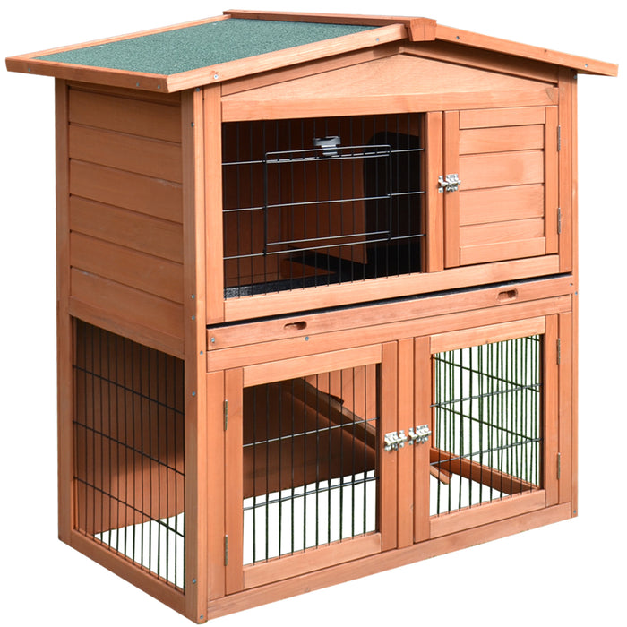 Wooden 2-Tier Animal Hutch - Rabbit & Guinea Pig Cage with Ramp, Slide-Out Tray, Indoor/Outdoor Use - Perfect for Small Pet Comfort and Easy Maintenance 100.5 x 55 x 101 cm