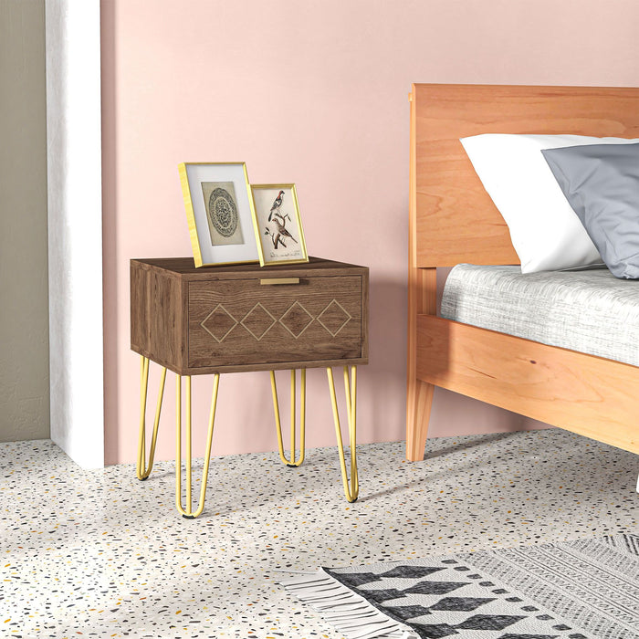 Wooden Nightstand with Storage Drawer - Modern Bedside Table & Sofa Side Table with Gold Tone Metal Legs - Ideal for Living Room and Bedroom Organization