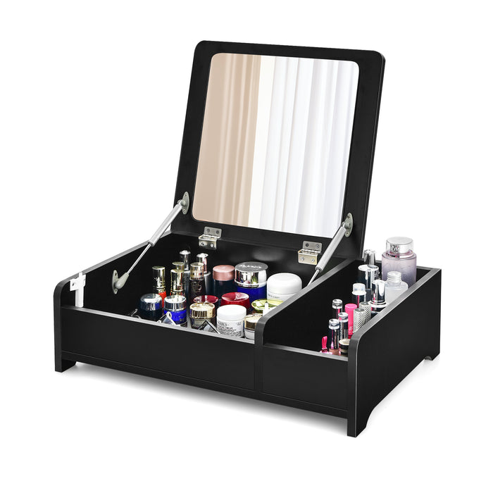 Modern Desktop - Makeup Organizer with Flip-Top Mirror in Black - Ideal for Vanity Storage Solution