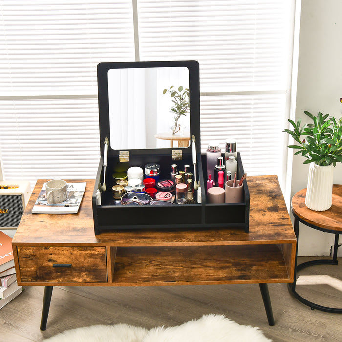 Modern Desktop - Makeup Organizer with Flip-Top Mirror in Black - Ideal for Vanity Storage Solution