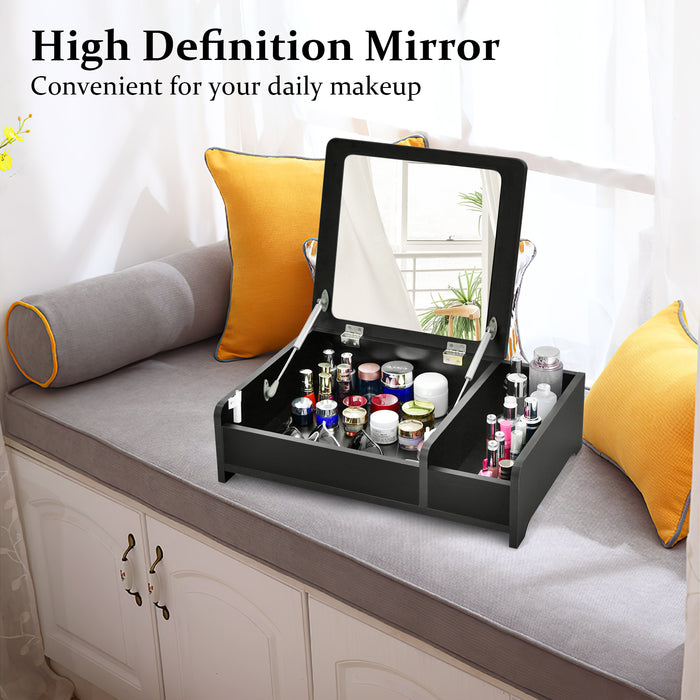 Modern Desktop - Makeup Organizer with Flip-Top Mirror in Black - Ideal for Vanity Storage Solution