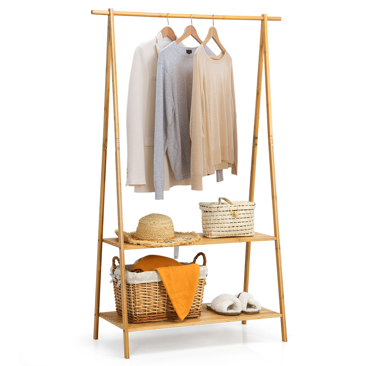 Bamboo Garment Rack - Hanging Rod, Dual Shelves, Integrated Hooks, Natural Look - Ideal Storage Solution for Clothing and Accessories