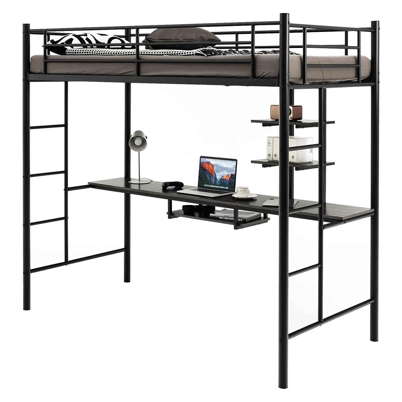 Silver High Sleeper Metal Bunk Bed Frame with Desk and Shelves for Kids ...
