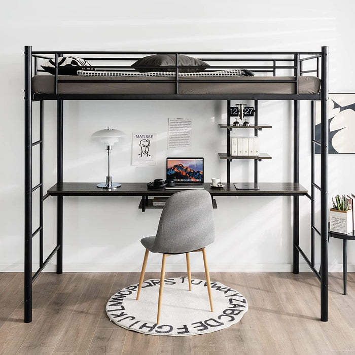 High Sleeper Metal Bunk Bed Frame - With Desk and Storage Shelves, Silver Accommodation - Perfect for Kids, Saving Space Solution