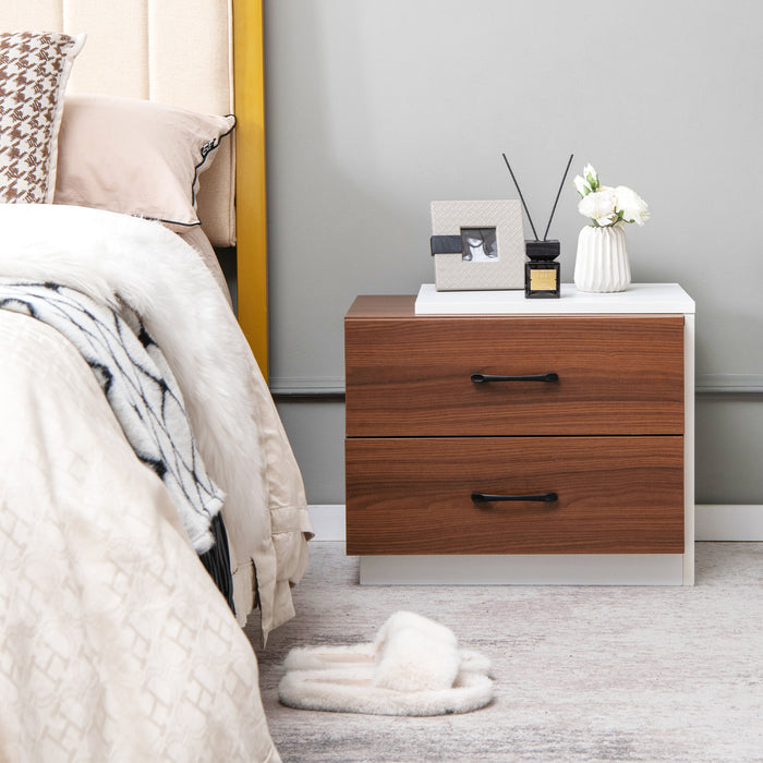 Walnut Wooden Bedside Table - 2 Drawer Home Storage Solution - Ideal for Living Room or Bedroom Placement