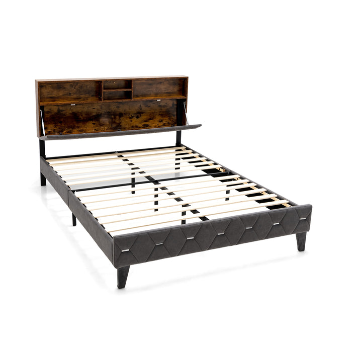 Bed Frame with Storage Headboard and Slat Support - Single/Double Size Comfortable Sleep Solution - Ideal for Compact Spaces Needing Extra Storage