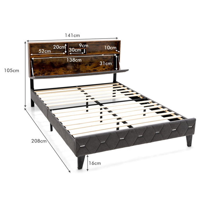 Bed Frame with Storage Headboard and Slat Support - Single/Double Size Comfortable Sleep Solution - Ideal for Compact Spaces Needing Extra Storage