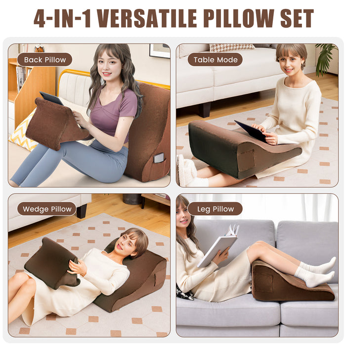 Wedge Pillow Set - With Tablet Pillow Stand and Side Pockets in a Variety of Brown - Ideal Solution for Comfortable Reading and Resting