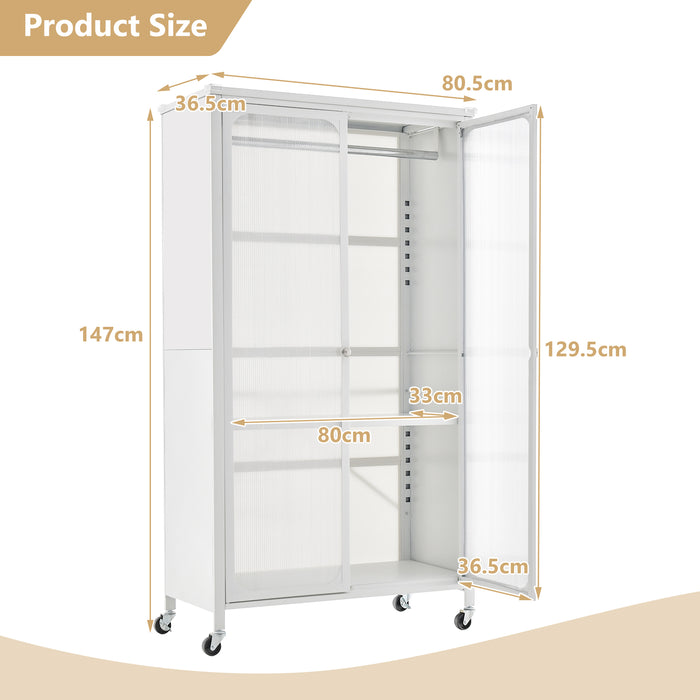 Metal Mobile Wardrobe - Armoire Closet with Hanging Rod, Adjustable Shelf in White - Ideal for Extra Storage and Organizing Clothes