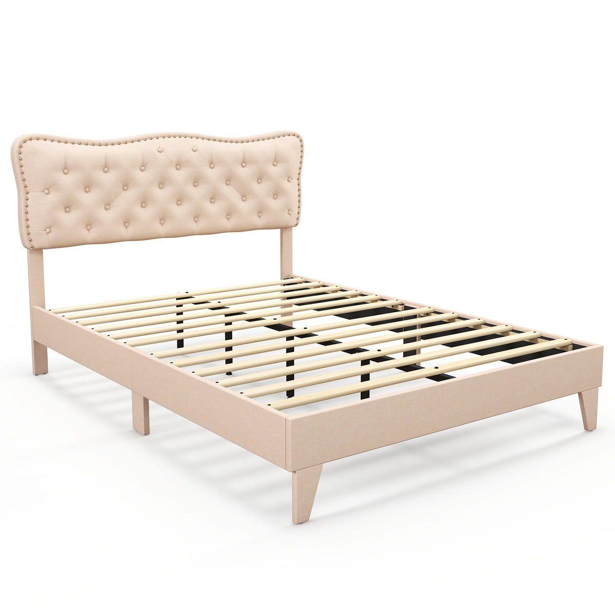 King Size Bed Frame with Button Tufted Headboard - Double Bed Sizes, Sturdy and Stylish Design - Perfect for Upgrade of Adult Bedroom Furniture
