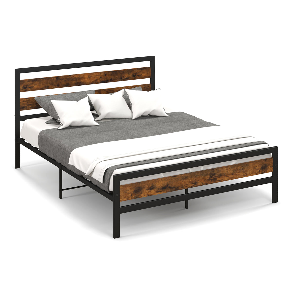 King Size Bed Frame with Rustic Design - Double King Size Bed, Headboard and Footboard Details - Ideal for Master Bedrooms and Guestrooms