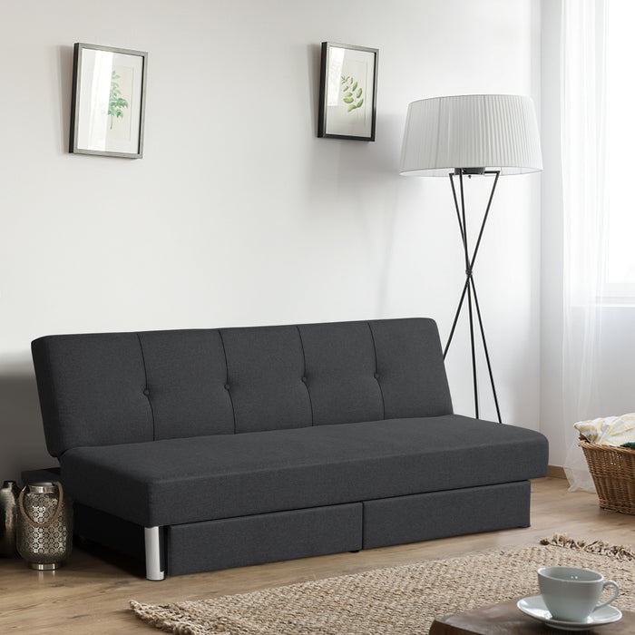 3 Seat Linen Fabric Sofa Bed with Storage Drawers - Convertible, Tufted Design - Ideal for Homes Needing Extra Storage and Sleeping Space