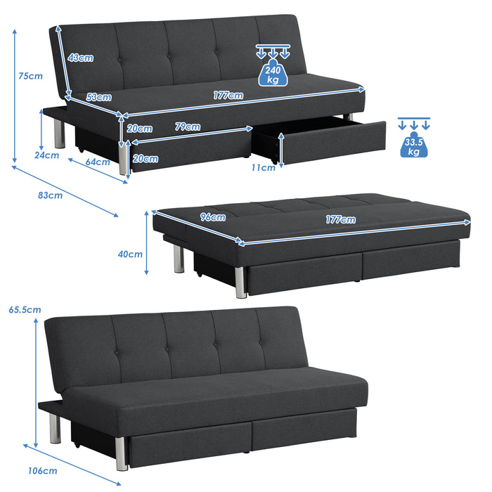 3 Seat Linen Fabric Sofa Bed with Storage Drawers - Convertible, Tufted Design - Ideal for Homes Needing Extra Storage and Sleeping Space