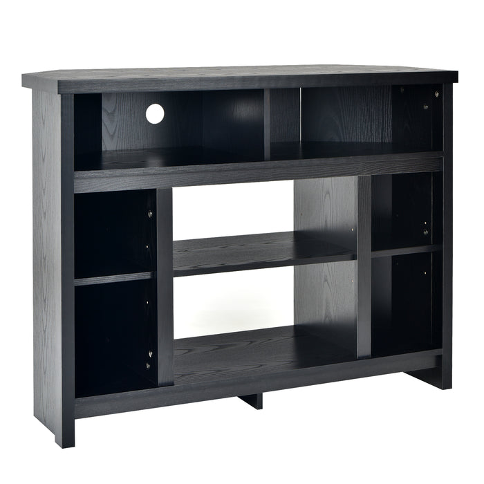Wood Corner - Universal TV Stand with Adjustable Shelves and Storage Cabinets in Black - Ideal for Maximizing Corner Space and Organizing Entertainment Equipment