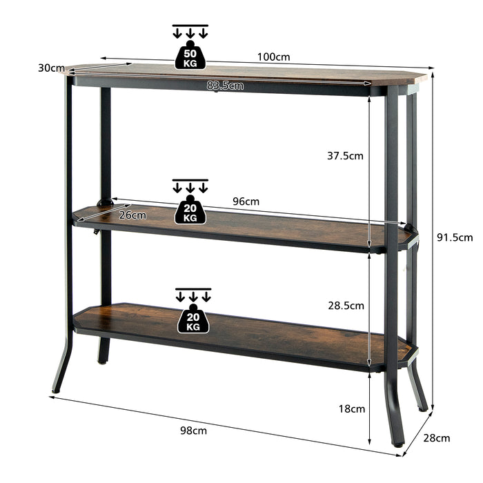 Industrial 3-Tier Console Table with Storage Shelf - Rustic Brown Furnishing for Home Interior - Ideal for Organized and Stylish Living Room