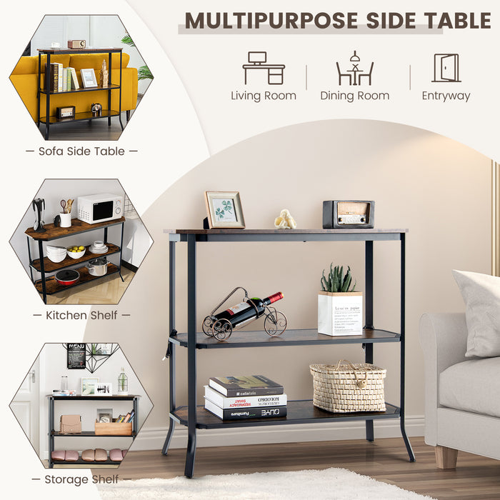 Industrial 3-Tier Console Table with Storage Shelf - Rustic Brown Furnishing for Home Interior - Ideal for Organized and Stylish Living Room
