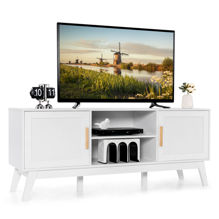 Rattan Furniture - 65 Inch TV Stand with Adjustable Shelf, White - Ideal for Large Screen Television Owners