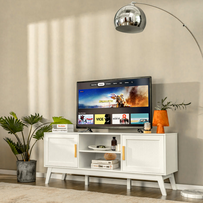 Rattan Furniture - 65 Inch TV Stand with Adjustable Shelf, White - Ideal for Large Screen Television Owners