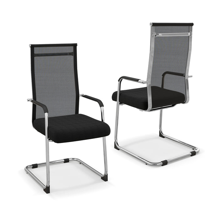 Set of 2 Office Guest Chairs - Metal Sled Base and Armrests in Black - Ideal for Reception or Waiting Areas