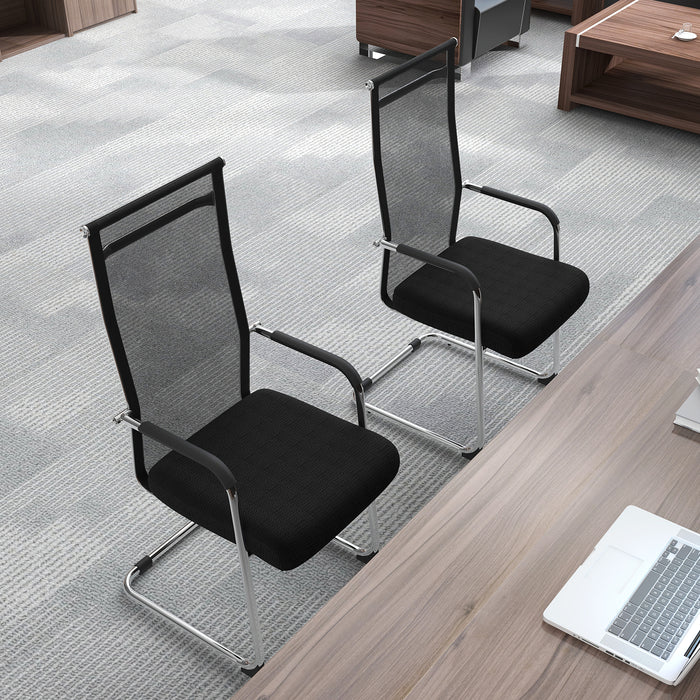 Set of 2 Office Guest Chairs - Metal Sled Base and Armrests in Black - Ideal for Reception or Waiting Areas
