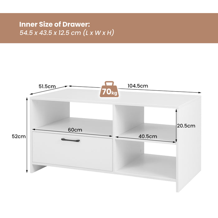 Modern Media Console Table - White Table with 3 Open Compartments and a Storage Drawer - Ideal for Organizing Media Devices and Accessories