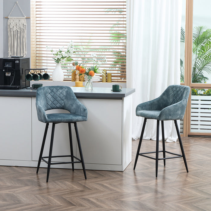 Velvet-Touch Fabric Counter Height Bar Chairs, Set of 2 - Sturdy Steel-Legged Kitchen Stools in Blue - Ideal for Dining and Entertainment Areas