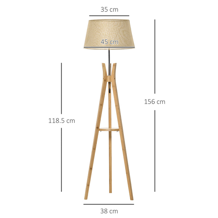 Tripod Floor Lamp with E27 Base and Shelf - Natural Wood & Beige Fabric Shade for Ambient Lighting - Ideal for Bedroom and Living Room with Convenient Foot Switch