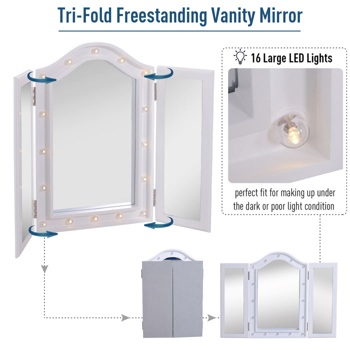 Freestanding Trifold Mirror with LED Lights - Lighted Tabletop Vanity, Large Cosmetic Mirror for Makeup - Foldable Design for Bedroom Use, Battery-Powered, White