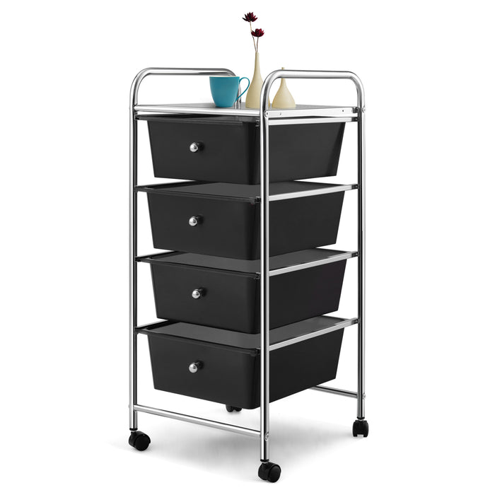Mobile Trolley Storage Unit - 4 Drawer Cart on Wheels, Removable Plastic Bins in Black - Ideal Solution for Portable Organization Needs