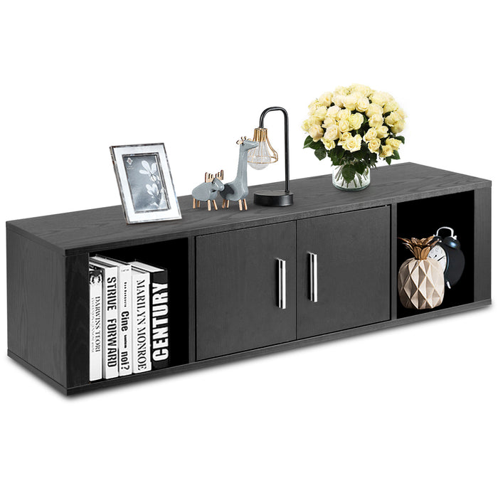 Floating Desk Hutch - Wall Mounted, 2 Door Storage Shelves in Black - Ideal for Organizing Home and Office Spaces