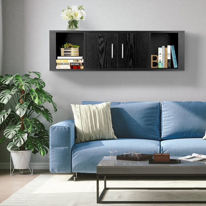 Floating Desk Hutch - Wall Mounted, 2 Door Storage Shelves in Black - Ideal for Organizing Home and Office Spaces