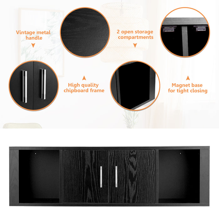 Floating Desk Hutch - Wall Mounted, 2 Door Storage Shelves in Black - Ideal for Organizing Home and Office Spaces