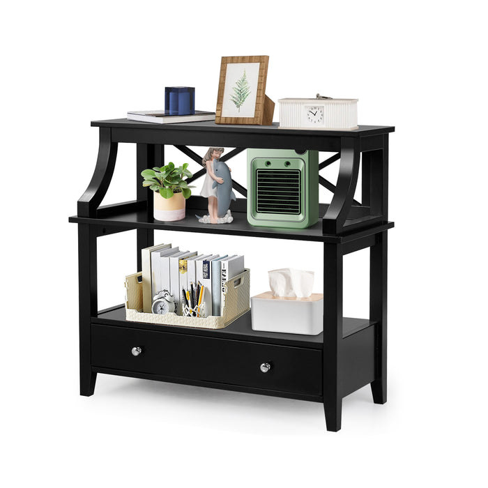 X-Shaped 3-Tier Console Table - With Storage Drawer and Open Shelves, Grey variant - Ideal for Enhancing Home Storage Options and Interior Décor