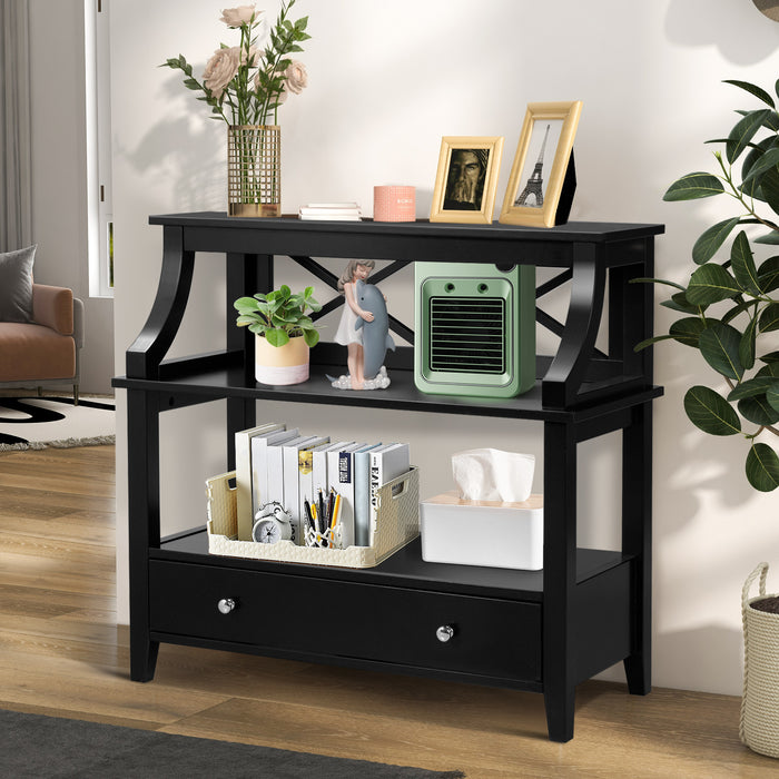 X-Shaped 3-Tier Console Table - With Storage Drawer and Open Shelves, Grey variant - Ideal for Enhancing Home Storage Options and Interior Décor