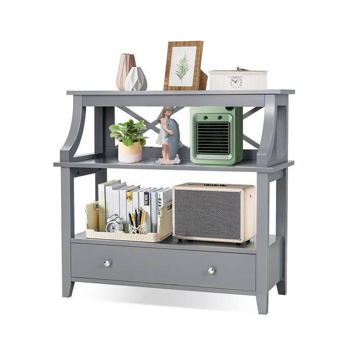 X-Shaped 3-Tier Console Table - With Storage Drawer and Open Shelves, Grey variant - Ideal for Enhancing Home Storage Options and Interior Décor