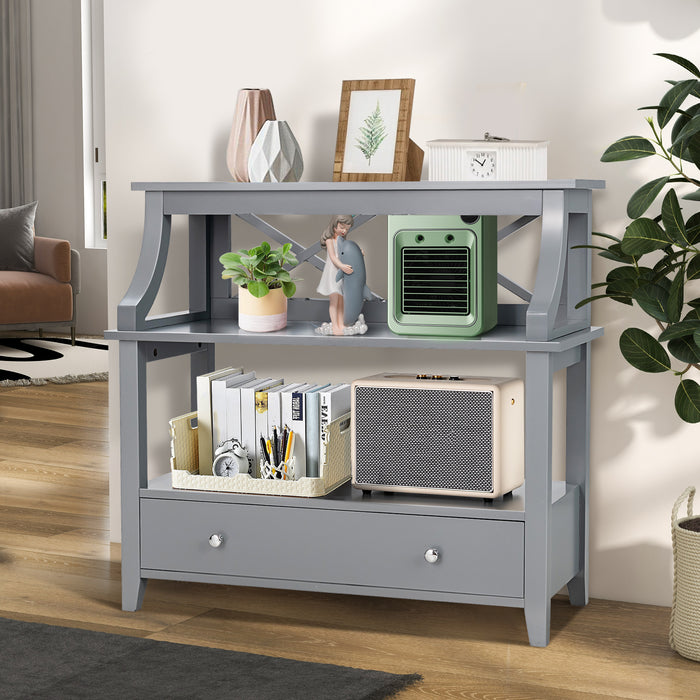 X-Shaped 3-Tier Console Table - With Storage Drawer and Open Shelves, Grey variant - Ideal for Enhancing Home Storage Options and Interior Décor