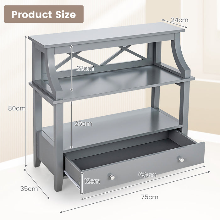 X-Shaped 3-Tier Console Table - With Storage Drawer and Open Shelves, Grey variant - Ideal for Enhancing Home Storage Options and Interior Décor