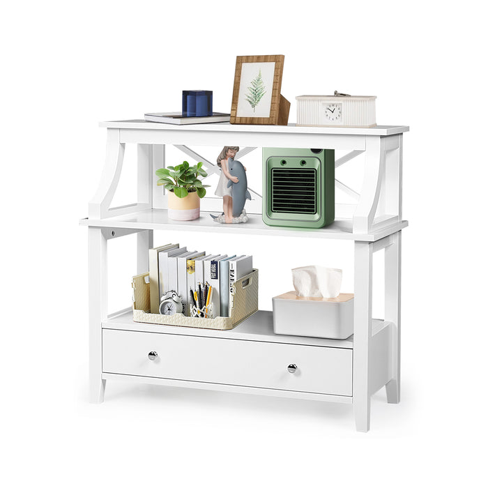 X-Shaped 3-Tier Console Table - With Storage Drawer and Open Shelves, Grey variant - Ideal for Enhancing Home Storage Options and Interior Décor