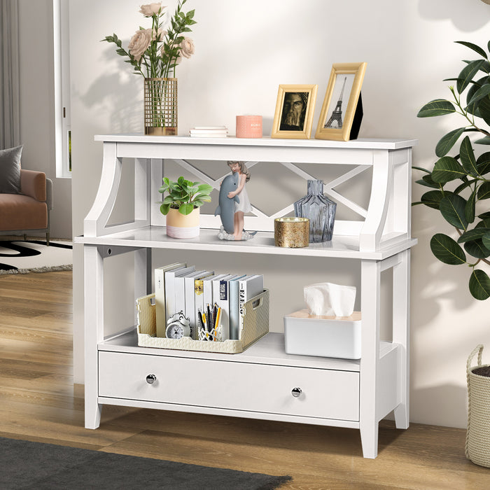 X-Shaped 3-Tier Console Table - With Storage Drawer and Open Shelves, Grey variant - Ideal for Enhancing Home Storage Options and Interior Décor