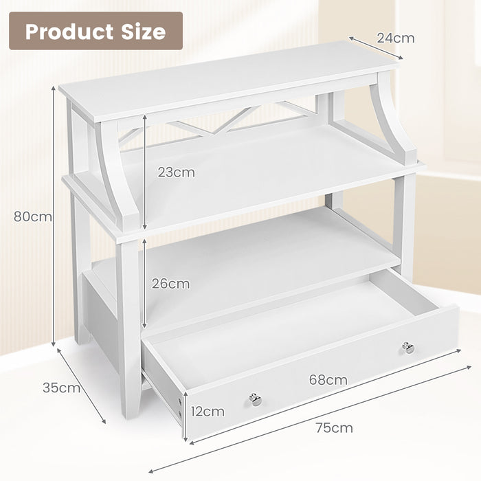 X-Shaped 3-Tier Console Table - With Storage Drawer and Open Shelves, Grey variant - Ideal for Enhancing Home Storage Options and Interior Décor