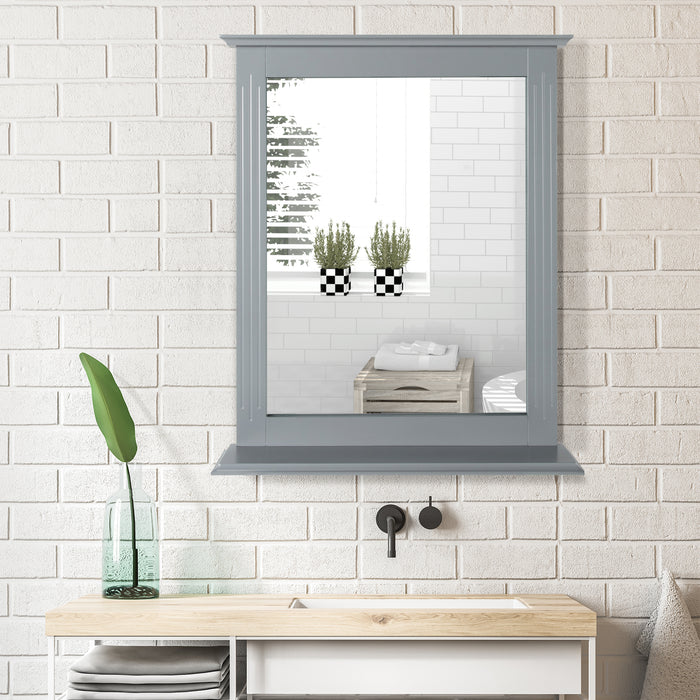 Wall-mounted Rectangular Bathroom Mirror - Modern Design with Grey Storage Shelf - Ideal for Organized Vanity Spaces