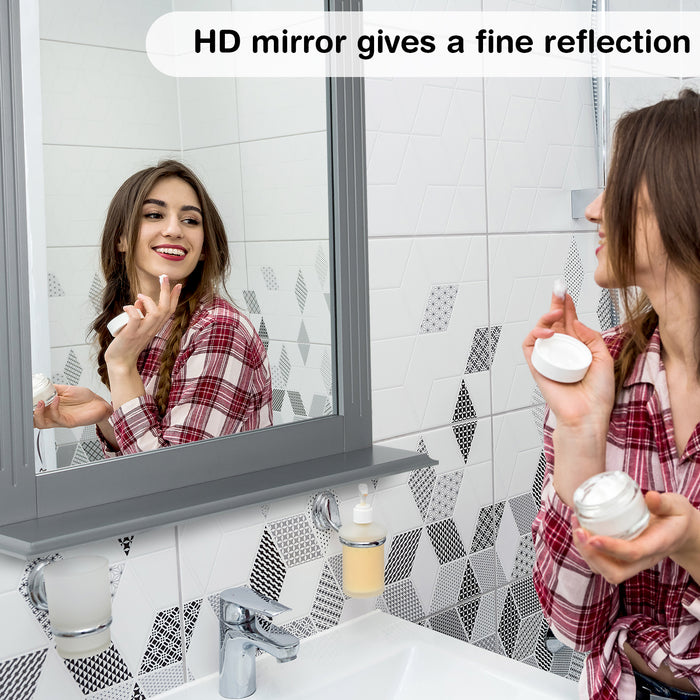 Wall-mounted Rectangular Bathroom Mirror - Modern Design with Grey Storage Shelf - Ideal for Organized Vanity Spaces